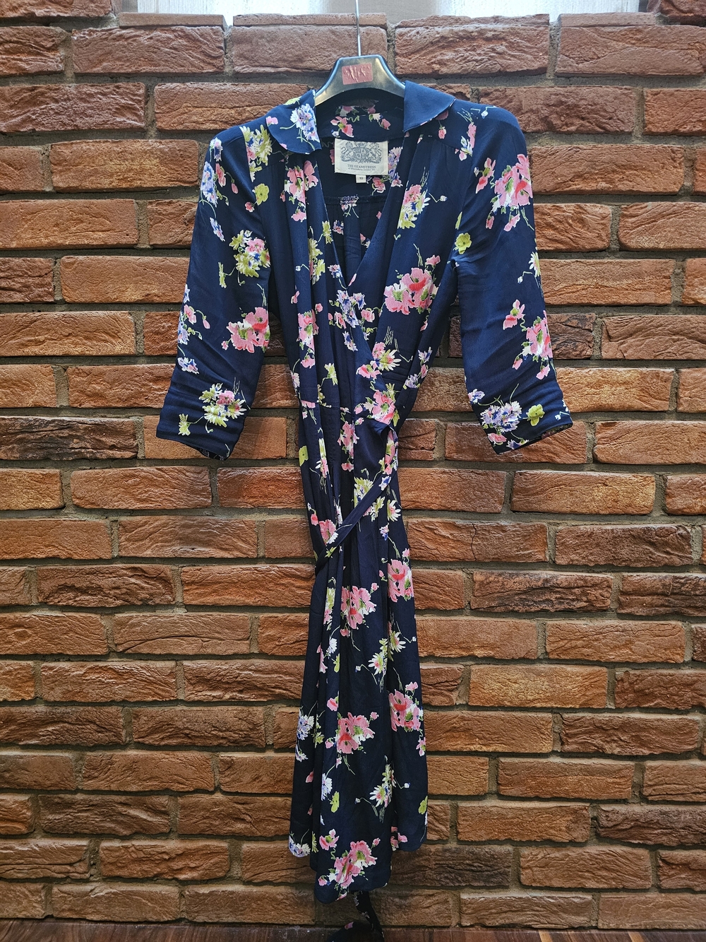 Floral Navy Midi Wrap Dress with Pink and Green Accents